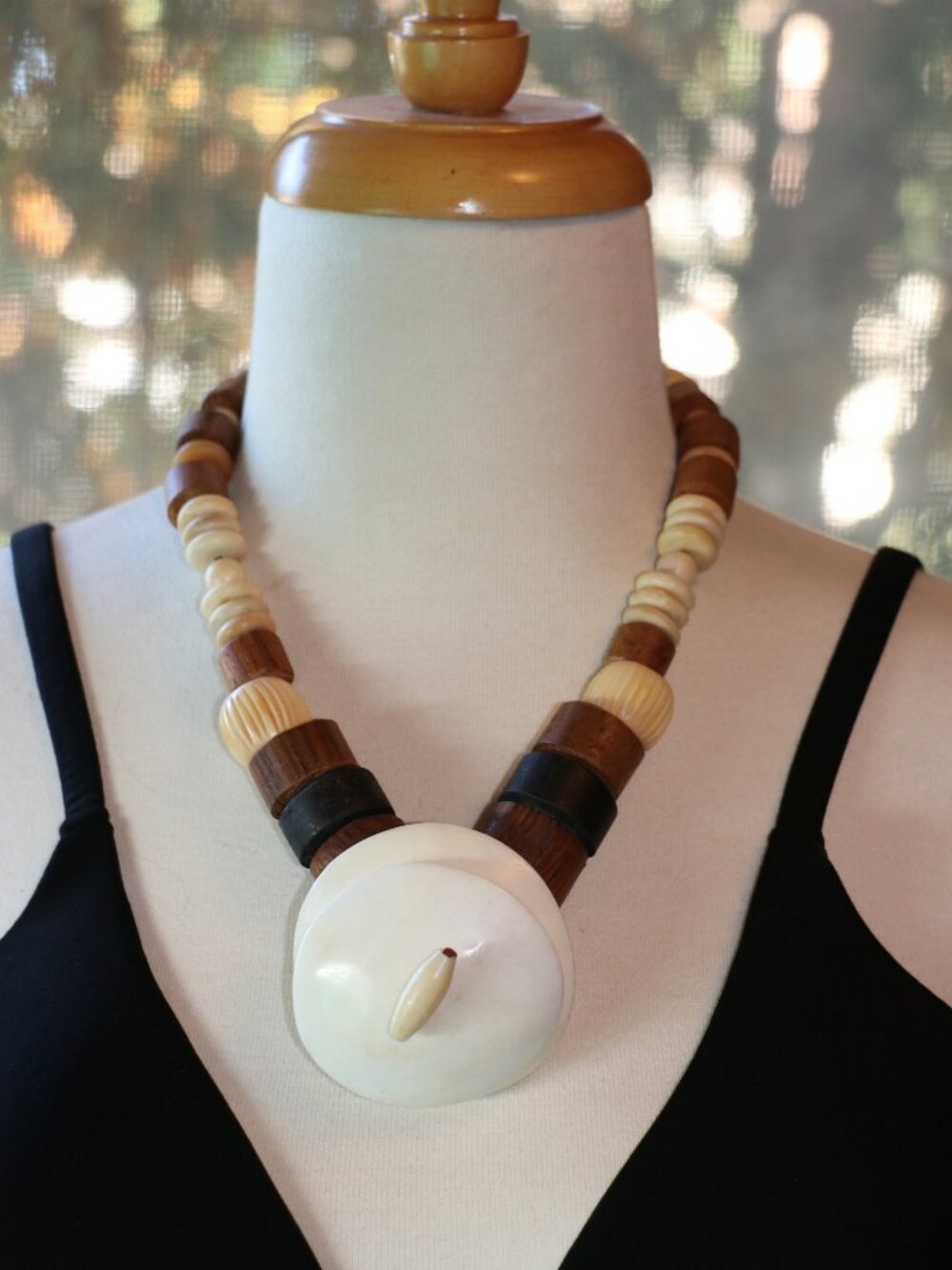 Vintage 70's Boho Chumky Statement Necklace- Natural Wood, Carved Bone & Shells